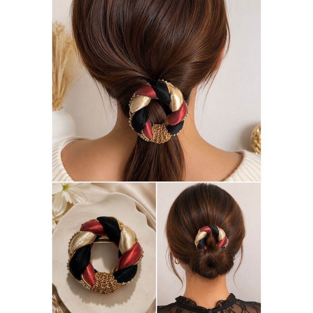 Vintage Braided Satin Hair Barrette Gold Black Red Statement French Clip